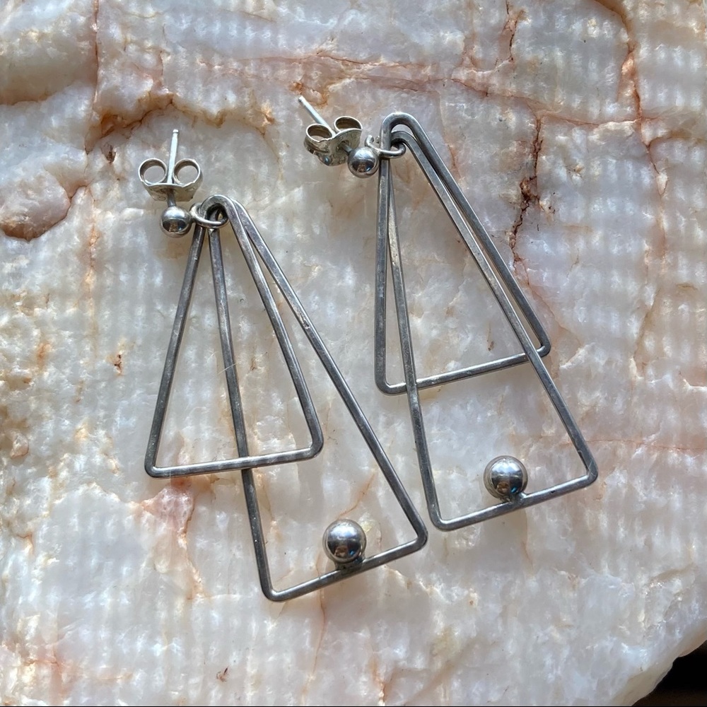 Vintage Sterling Silver Geometric Dangle Triangle Earrings
